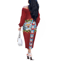 Merry Christmas Off The Shoulder Long Sleeve Dress Funny Santa Claus Cards Photo and Polynesian Pattern Red Color
