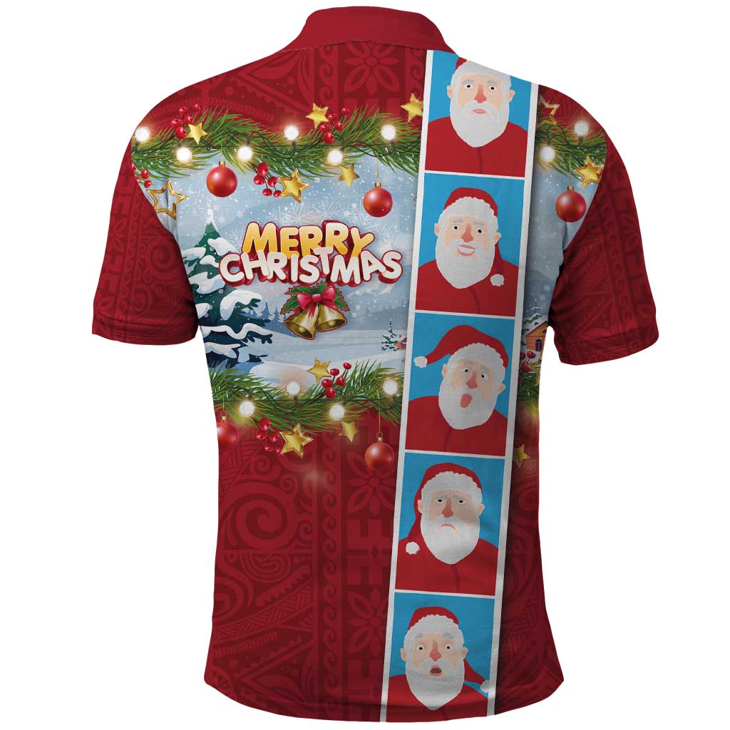Merry Christmas Polo Shirt Funny Santa Claus Cards Photo and Polynesian Pattern Red Color LT03 - Polynesian Pride