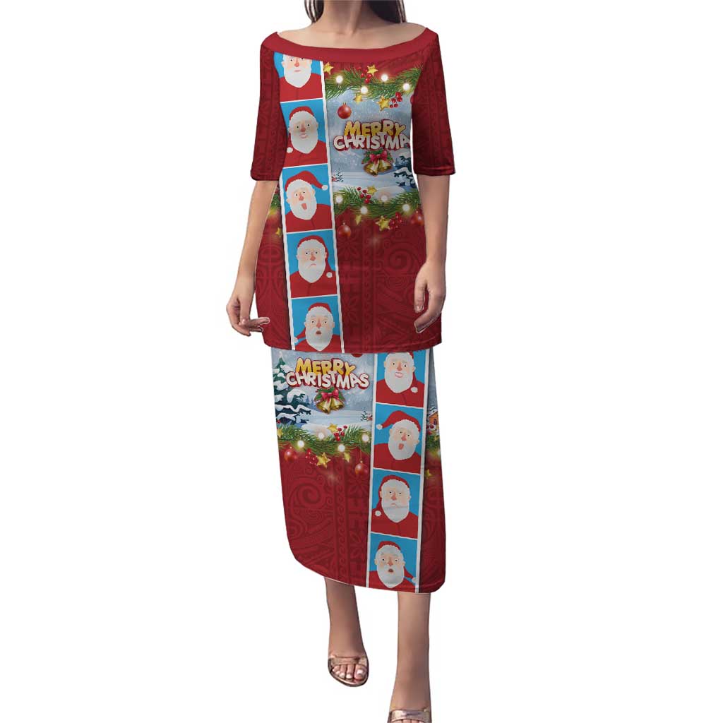 Merry Christmas Puletasi Funny Santa Claus Cards Photo and Polynesian Pattern Red Color
