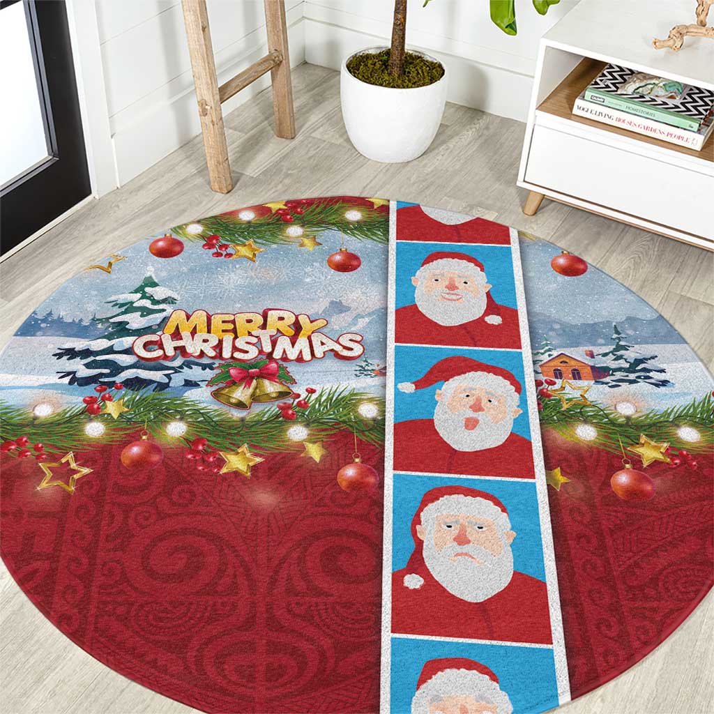 Merry Christmas Round Carpet Funny Santa Claus Cards Photo and Polynesian Pattern Red Color LT03 Red - Polynesian Pride