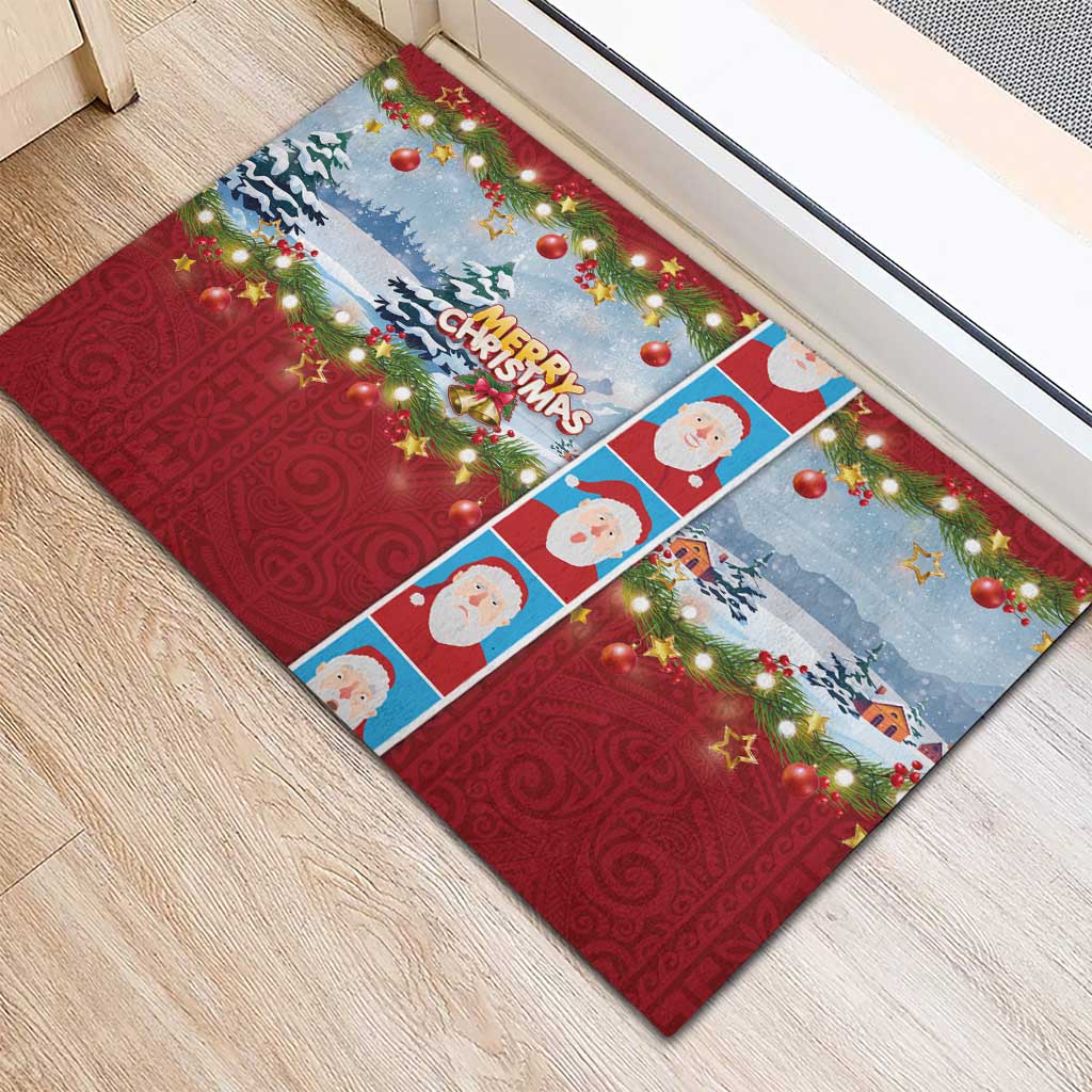Merry Christmas Rubber Doormat Funny Santa Claus Cards Photo and Polynesian Pattern Red Color