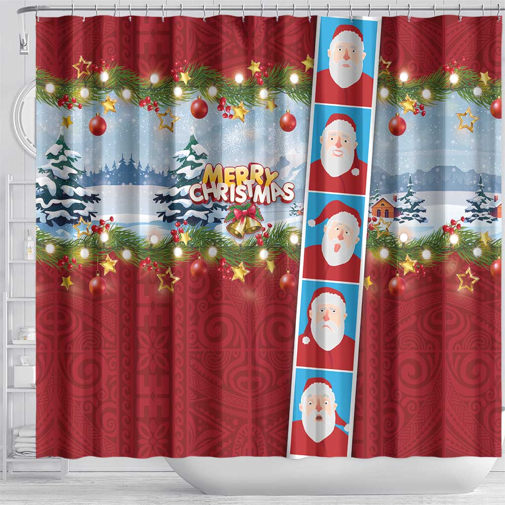 Merry Christmas Shower Curtain Funny Santa Claus Cards Photo and Polynesian Pattern Red Color