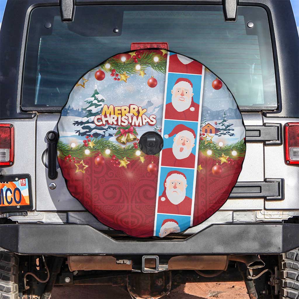 Merry Christmas Spare Tire Cover Funny Santa Claus Cards Photo and Polynesian Pattern Red Color LT03 Red - Polynesian Pride