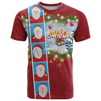 Merry Christmas T Shirt Funny Santa Claus Cards Photo and Polynesian Pattern Red Color LT03 Red - Polynesian Pride