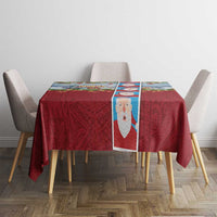 Merry Christmas Tablecloth Funny Santa Claus Cards Photo and Polynesian Pattern Red Color