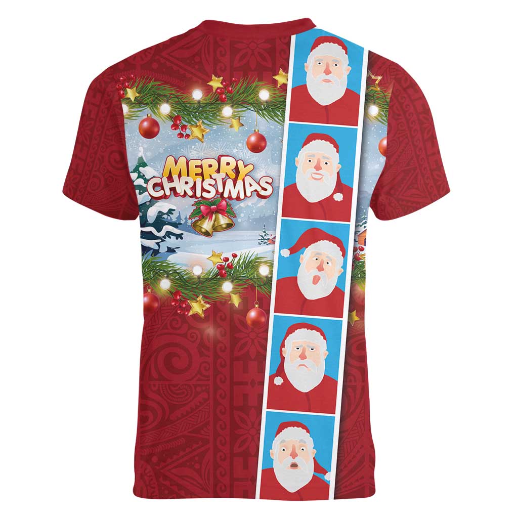Merry Christmas Women V-Neck T-Shirt Funny Santa Claus Cards Photo and Polynesian Pattern Red Color