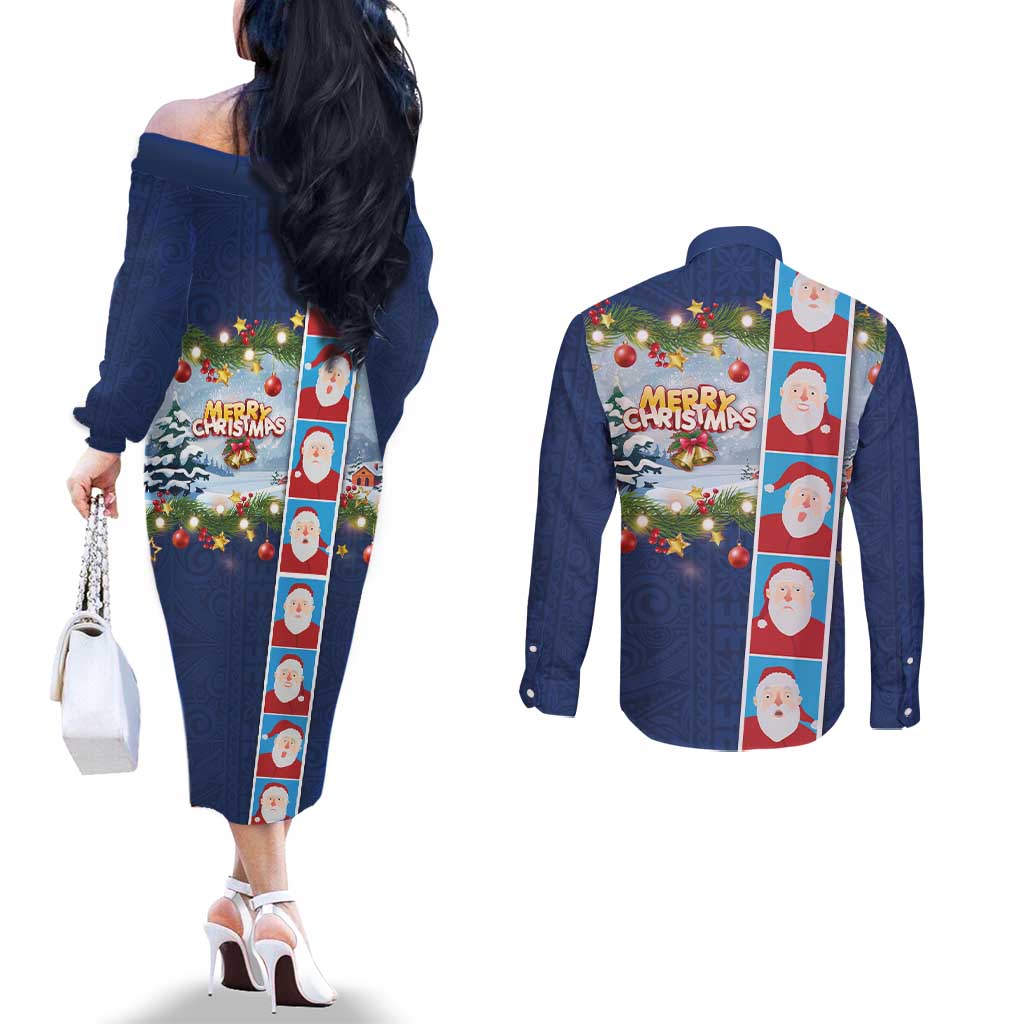 Merry Christmas Couples Matching Off The Shoulder Long Sleeve Dress and Long Sleeve Button Shirt Funny Santa Claus Cards Photo and Polynesian Pattern Blue Color