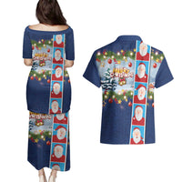 Merry Christmas Couples Matching Puletasi and Hawaiian Shirt Funny Santa Claus Cards Photo and Polynesian Pattern Blue Color