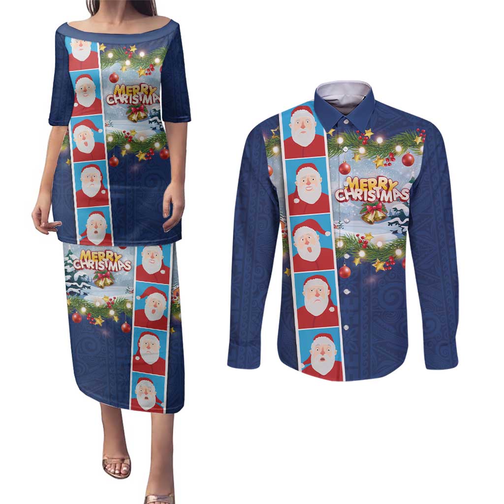 Merry Christmas Couples Matching Puletasi and Long Sleeve Button Shirt Funny Santa Claus Cards Photo and Polynesian Pattern Blue Color