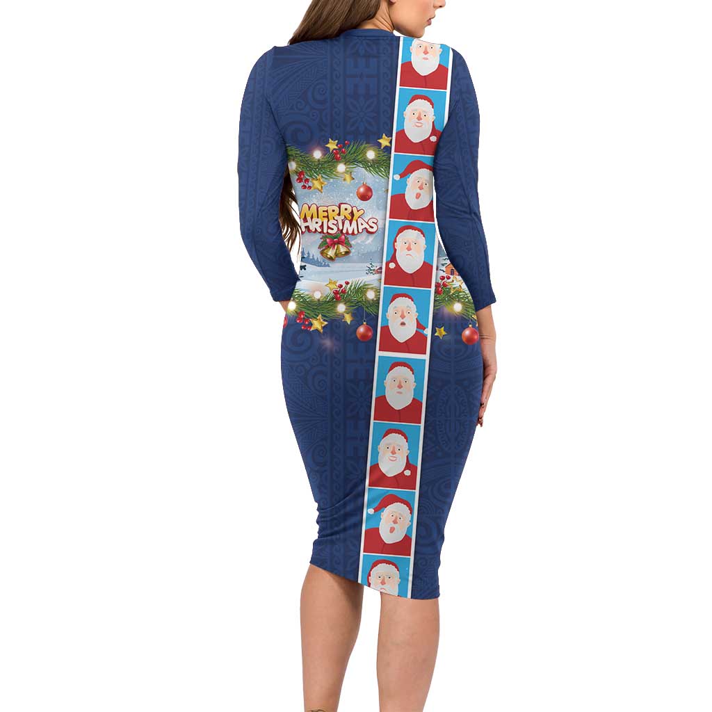 Merry Christmas Family Matching Long Sleeve Bodycon Dress and Hawaiian Shirt Funny Santa Claus Cards Photo and Polynesian Pattern Blue Color
