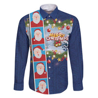 Merry Christmas Family Matching Off Shoulder Short Dress and Hawaiian Shirt Funny Santa Claus Cards Photo and Polynesian Pattern Blue Color