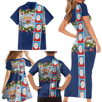 Merry Christmas Family Matching Short Sleeve Bodycon Dress and Hawaiian Shirt Funny Santa Claus Cards Photo and Polynesian Pattern Blue Color