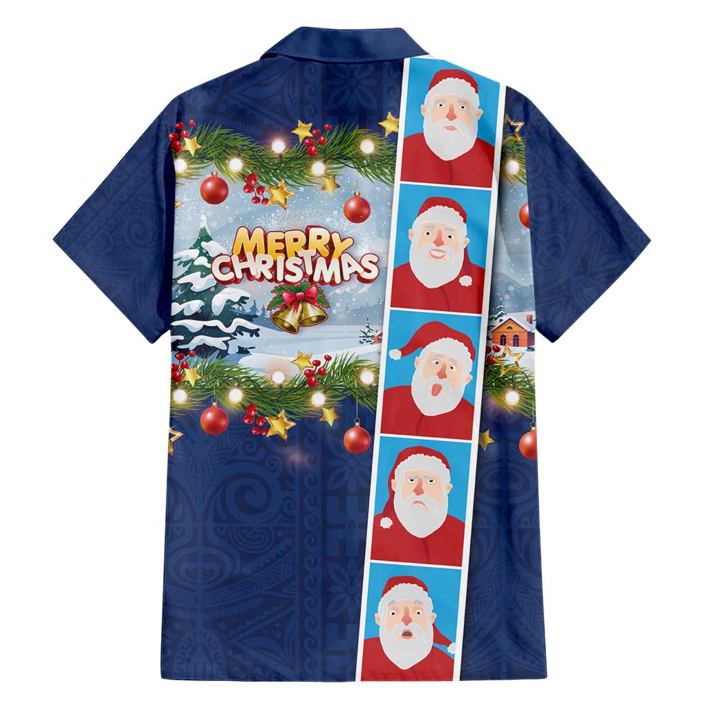 Merry Christmas Family Matching Short Sleeve Bodycon Dress and Hawaiian Shirt Funny Santa Claus Cards Photo and Polynesian Pattern Blue Color