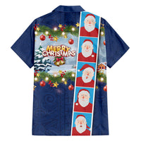Merry Christmas Family Matching Short Sleeve Bodycon Dress and Hawaiian Shirt Funny Santa Claus Cards Photo and Polynesian Pattern Blue Color