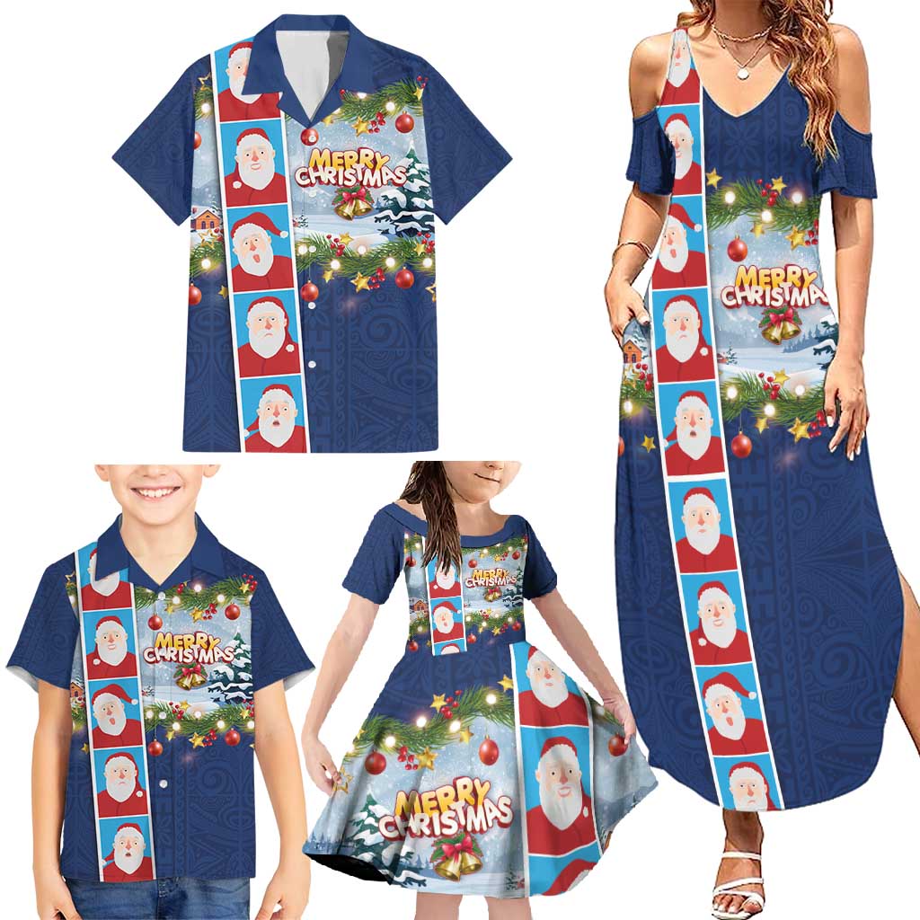 Merry Christmas Family Matching Summer Maxi Dress and Hawaiian Shirt Funny Santa Claus Cards Photo and Polynesian Pattern Blue Color