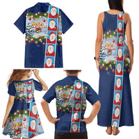 Merry Christmas Family Matching Tank Maxi Dress and Hawaiian Shirt Funny Santa Claus Cards Photo and Polynesian Pattern Blue Color
