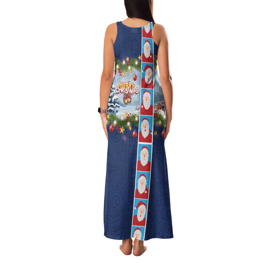 Merry Christmas Family Matching Tank Maxi Dress and Hawaiian Shirt Funny Santa Claus Cards Photo and Polynesian Pattern Blue Color