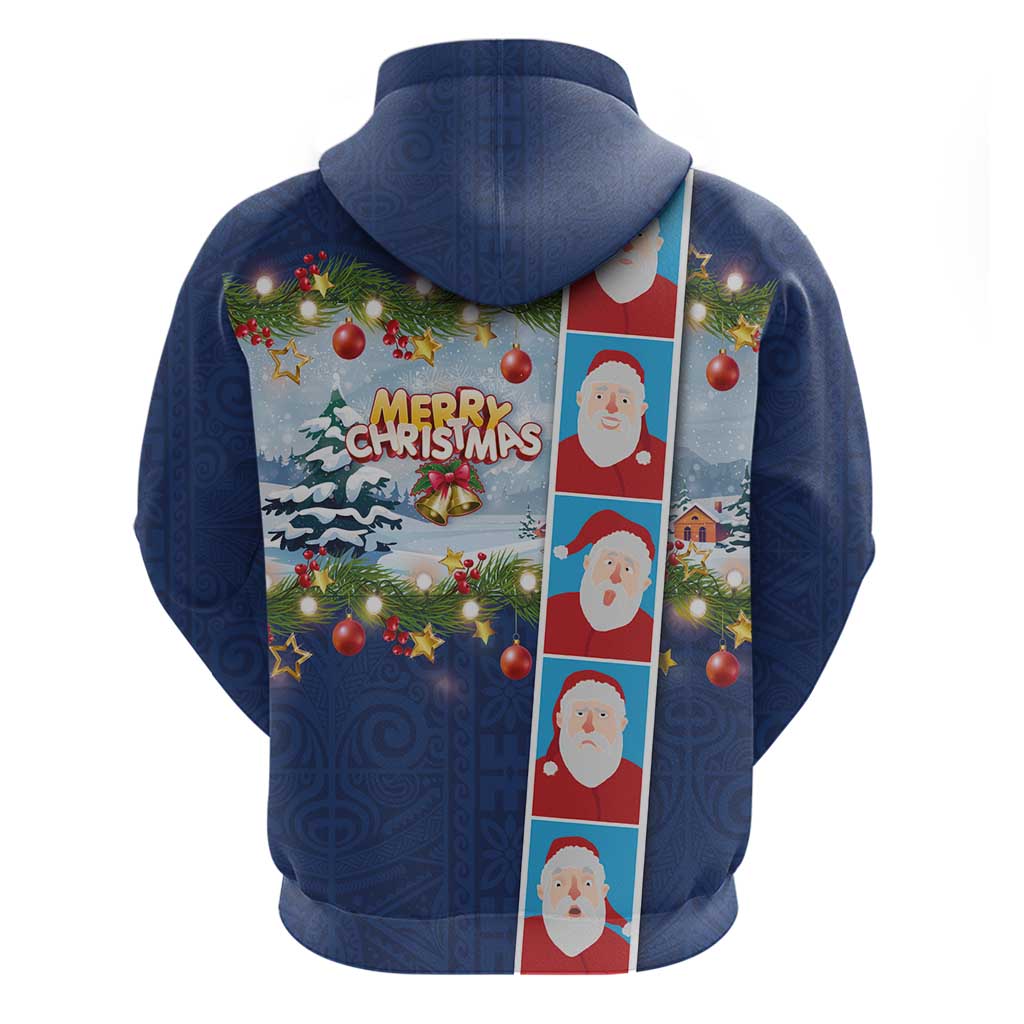 Merry Christmas Hoodie Funny Santa Claus Cards Photo and Polynesian Pattern Blue Color
