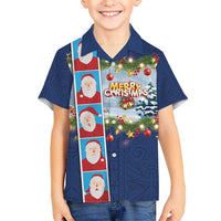 Merry Christmas Kid Hawaiian Shirt Funny Santa Claus Cards Photo and Polynesian Pattern Blue Color