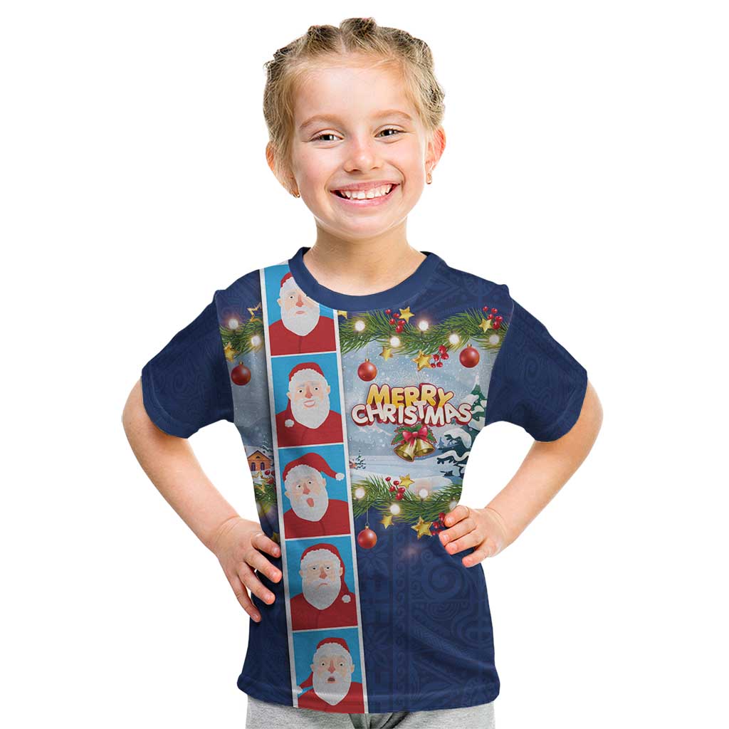 Merry Christmas Kid T Shirt Funny Santa Claus Cards Photo and Polynesian Pattern Blue Color LT03 Blue - Polynesian Pride