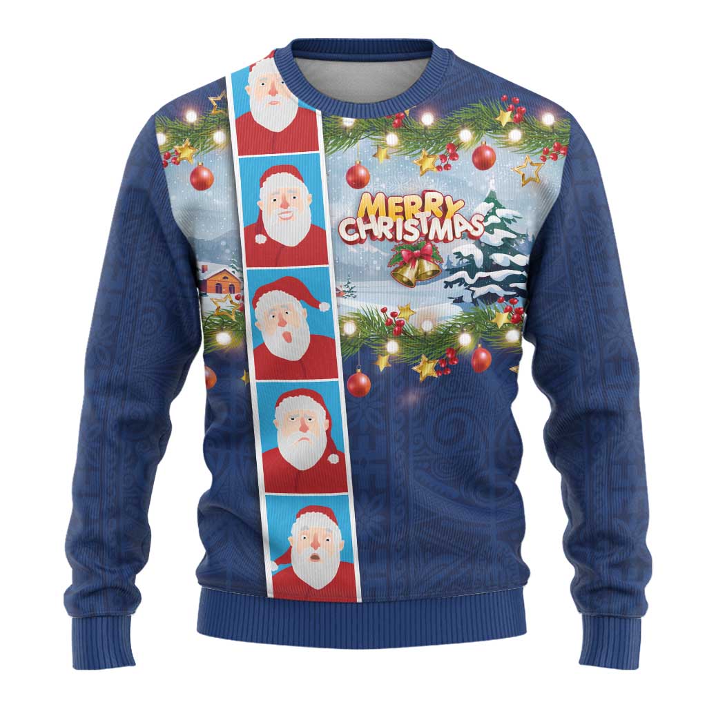 Merry Christmas Ugly Christmas Sweater Funny Santa Claus Cards Photo and Polynesian Pattern Blue Color