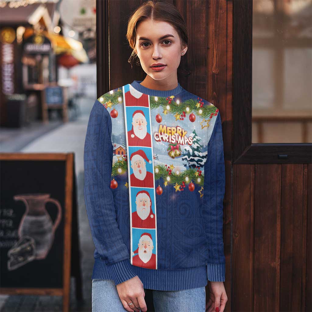 Merry Christmas Ugly Christmas Sweater Funny Santa Claus Cards Photo and Polynesian Pattern Blue Color