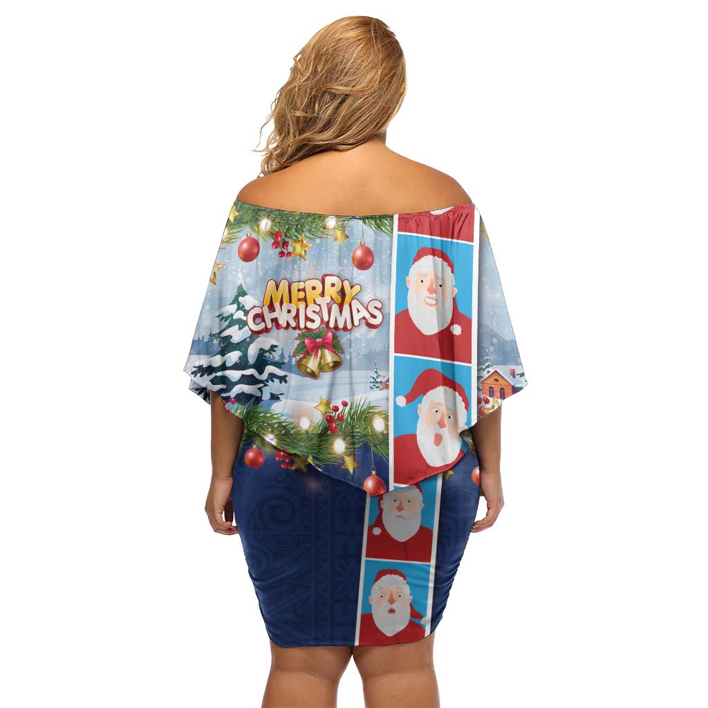 Merry Christmas Off Shoulder Short Dress Funny Santa Claus Cards Photo and Polynesian Pattern Blue Color