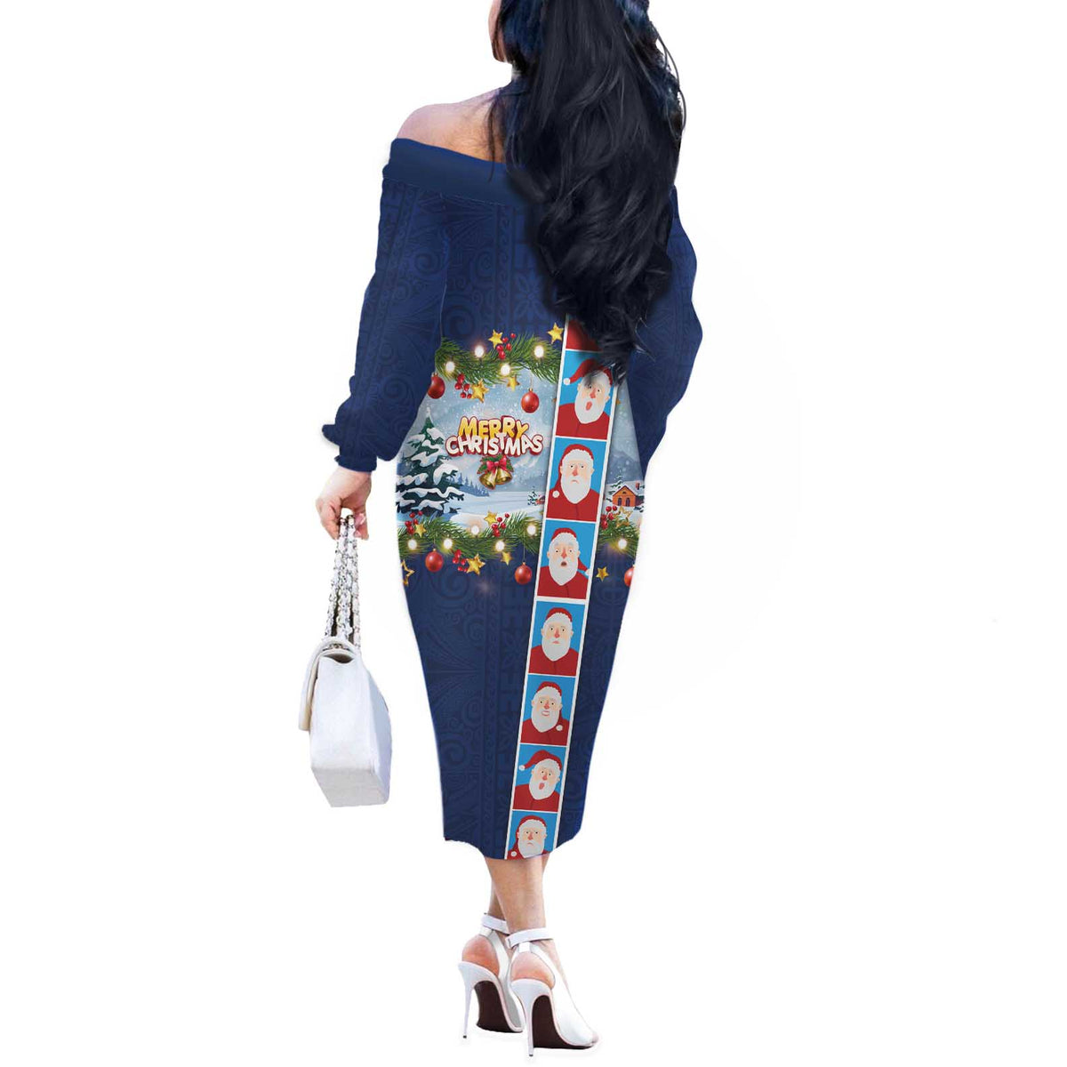 Merry Christmas Off The Shoulder Long Sleeve Dress Funny Santa Claus Cards Photo and Polynesian Pattern Blue Color