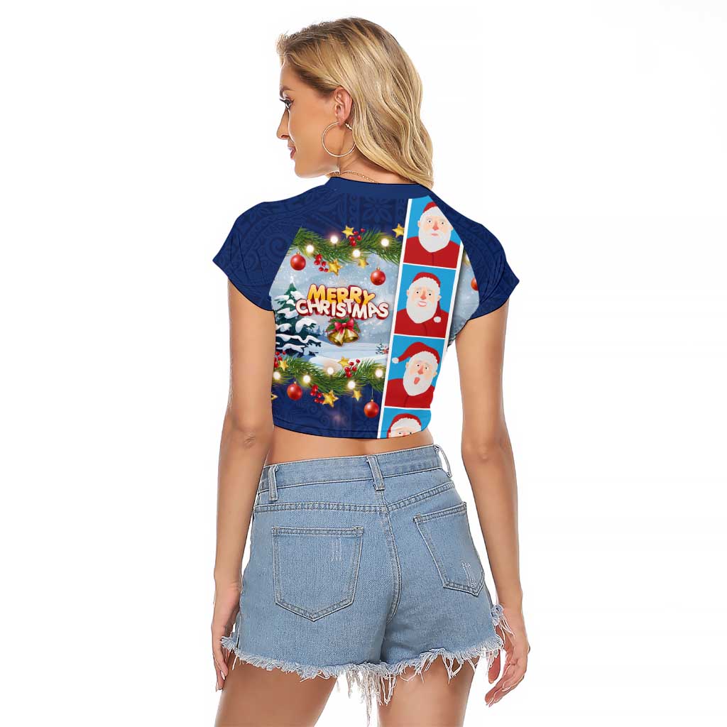 Merry Christmas Raglan Cropped T Shirt Funny Santa Claus Cards Photo and Polynesian Pattern Blue Color