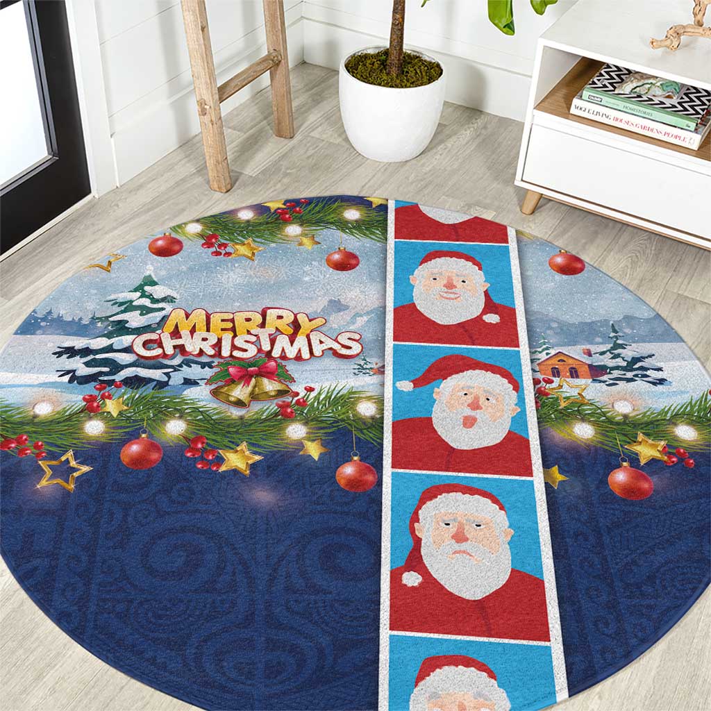 Merry Christmas Round Carpet Funny Santa Claus Cards Photo and Polynesian Pattern Blue Color LT03 Blue - Polynesian Pride