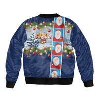 Merry Christmas Sleeve Zip Bomber Jacket Funny Santa Claus Cards Photo and Polynesian Pattern Blue Color