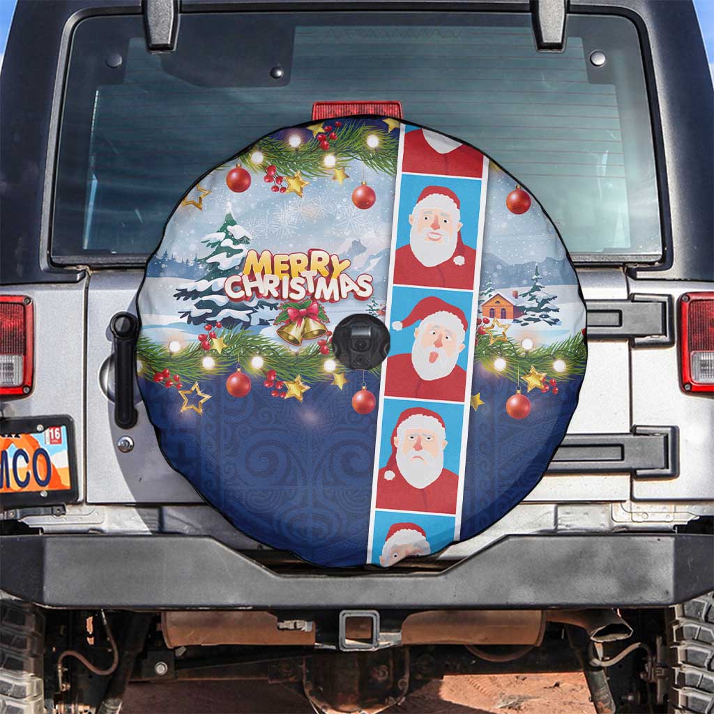 Merry Christmas Spare Tire Cover Funny Santa Claus Cards Photo and Polynesian Pattern Blue Color LT03 Blue - Polynesian Pride