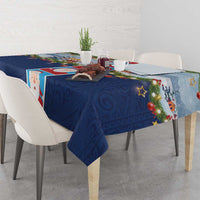 Merry Christmas Tablecloth Funny Santa Claus Cards Photo and Polynesian Pattern Blue Color LT03