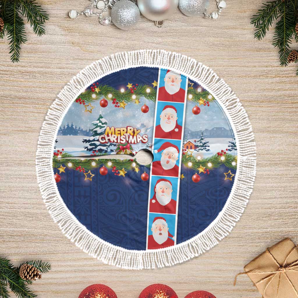 Merry Christmas Tree Skirt Funny Santa Claus Cards Photo and Polynesian Pattern Blue Color LT03 Fringed Blue - Polynesian Pride
