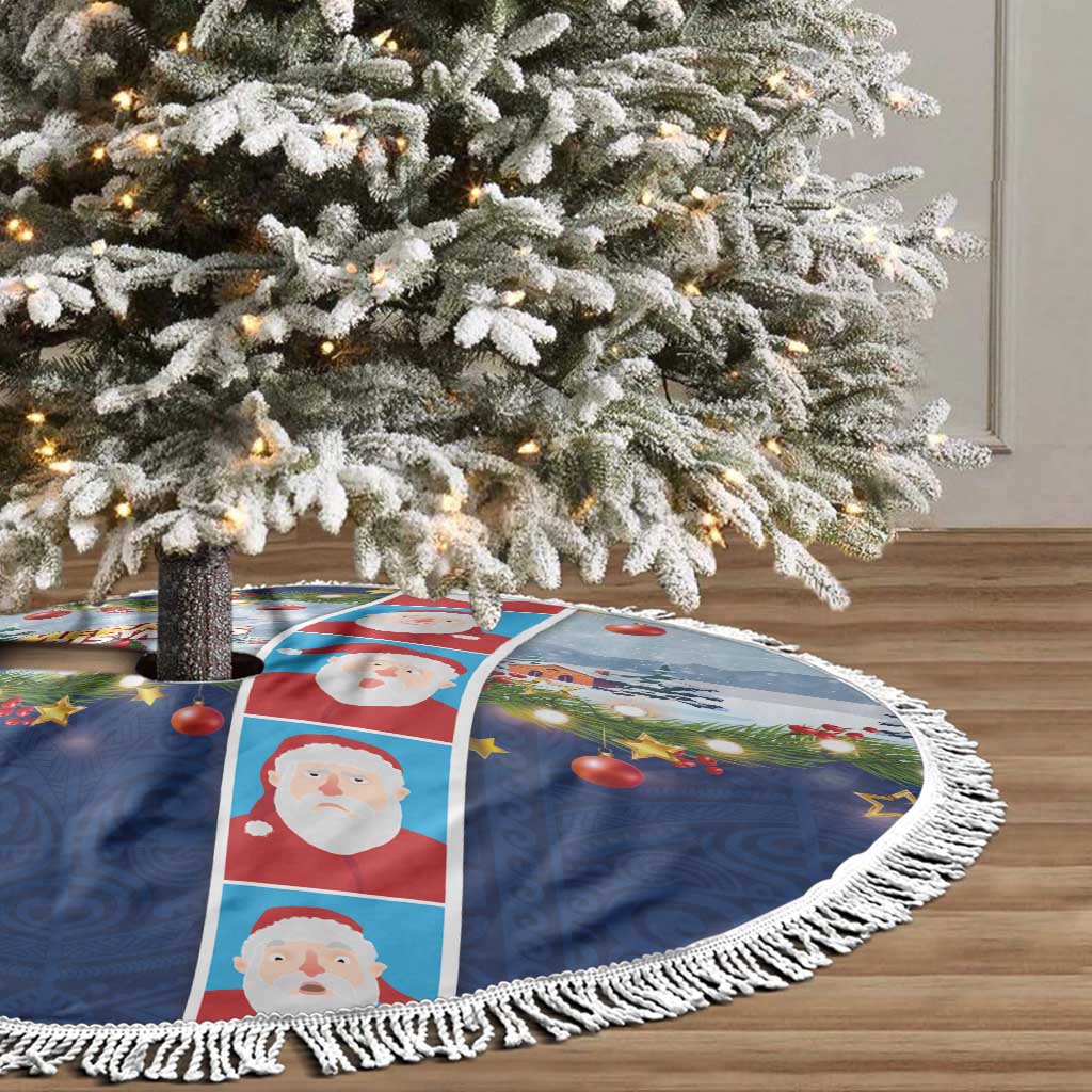 Merry Christmas Tree Skirt Funny Santa Claus Cards Photo and Polynesian Pattern Blue Color LT03 - Polynesian Pride