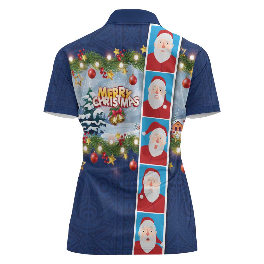 Merry Christmas Women Polo Shirt Funny Santa Claus Cards Photo and Polynesian Pattern Blue Color