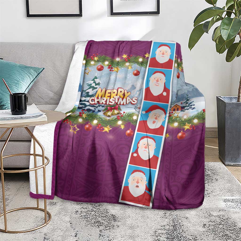 Merry Christmas Blanket Funny Santa Claus Cards Photo and Polynesian Pattern Pink Color
