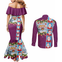 Merry Christmas Couples Matching Mermaid Dress and Long Sleeve Button Shirt Funny Santa Claus Cards Photo and Polynesian Pattern Pink Color