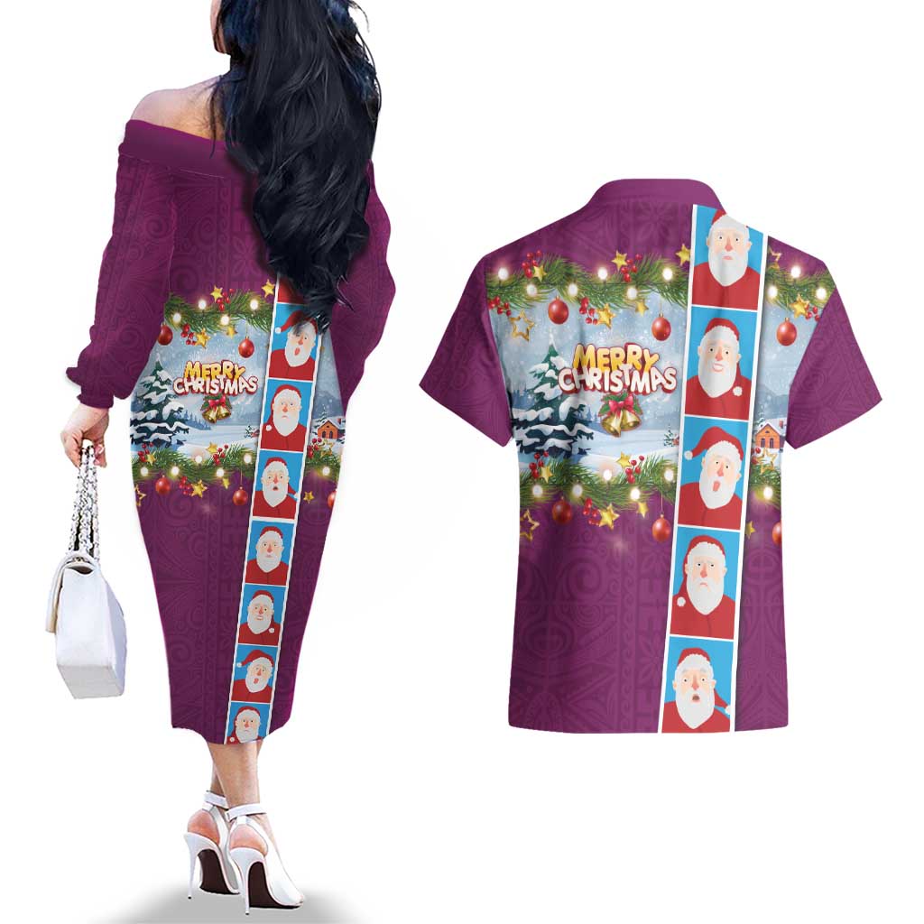 Merry Christmas Couples Matching Off The Shoulder Long Sleeve Dress and Hawaiian Shirt Funny Santa Claus Cards Photo and Polynesian Pattern Pink Color