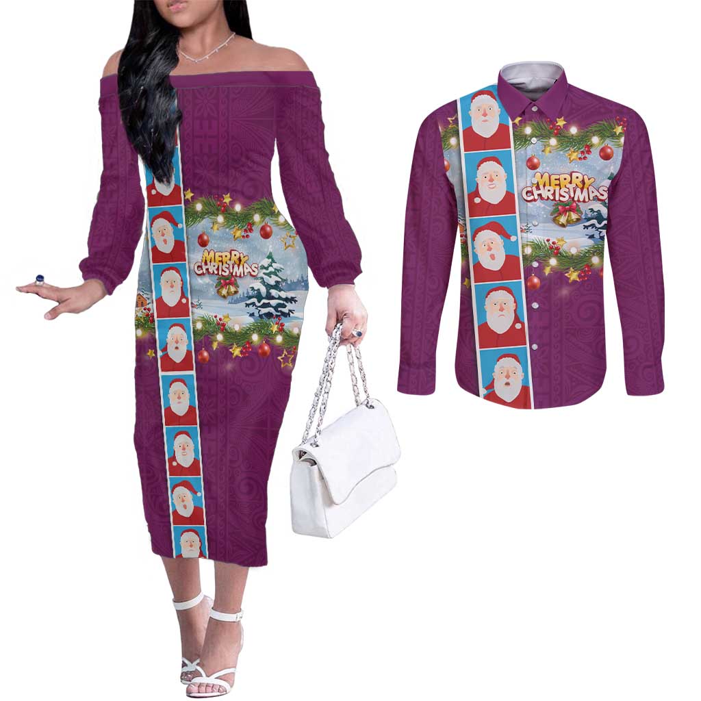 Merry Christmas Couples Matching Off The Shoulder Long Sleeve Dress and Long Sleeve Button Shirt Funny Santa Claus Cards Photo and Polynesian Pattern Pink Color