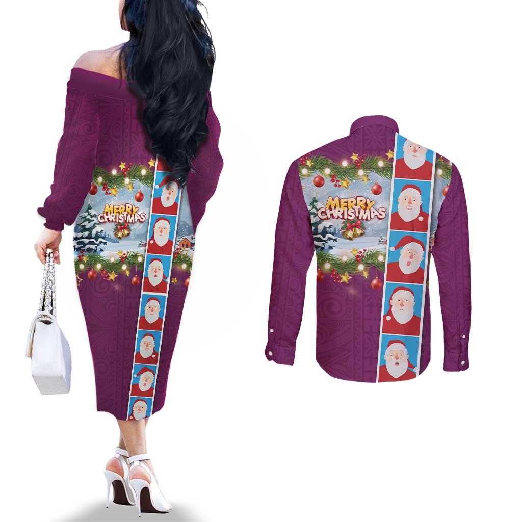 Merry Christmas Couples Matching Off The Shoulder Long Sleeve Dress and Long Sleeve Button Shirt Funny Santa Claus Cards Photo and Polynesian Pattern Pink Color