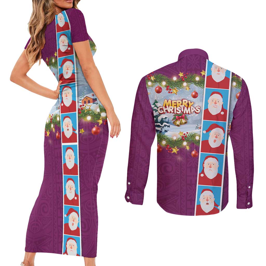 Merry Christmas Couples Matching Short Sleeve Bodycon Dress and Long Sleeve Button Shirt Funny Santa Claus Cards Photo and Polynesian Pattern Pink Color