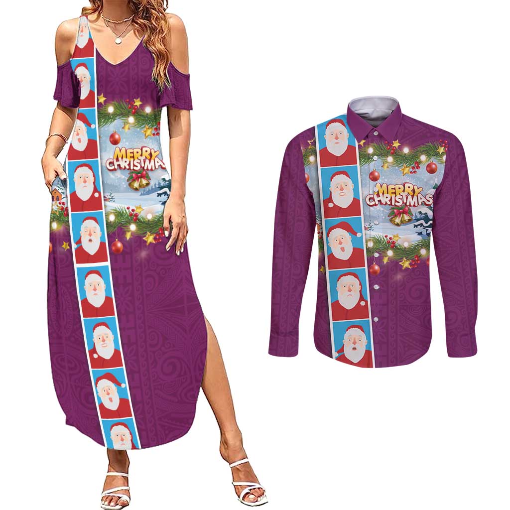 Merry Christmas Couples Matching Summer Maxi Dress and Long Sleeve Button Shirt Funny Santa Claus Cards Photo and Polynesian Pattern Pink Color