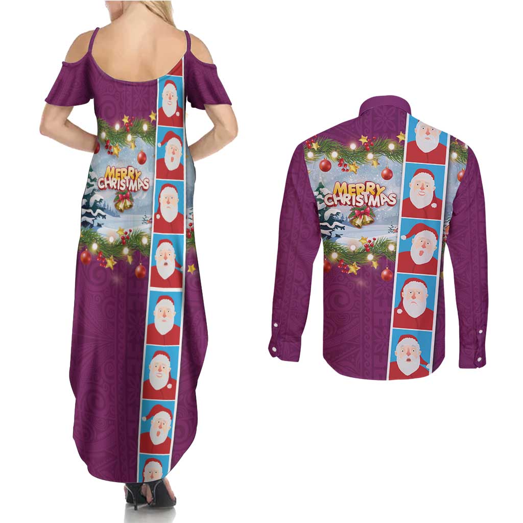 Merry Christmas Couples Matching Summer Maxi Dress and Long Sleeve Button Shirt Funny Santa Claus Cards Photo and Polynesian Pattern Pink Color