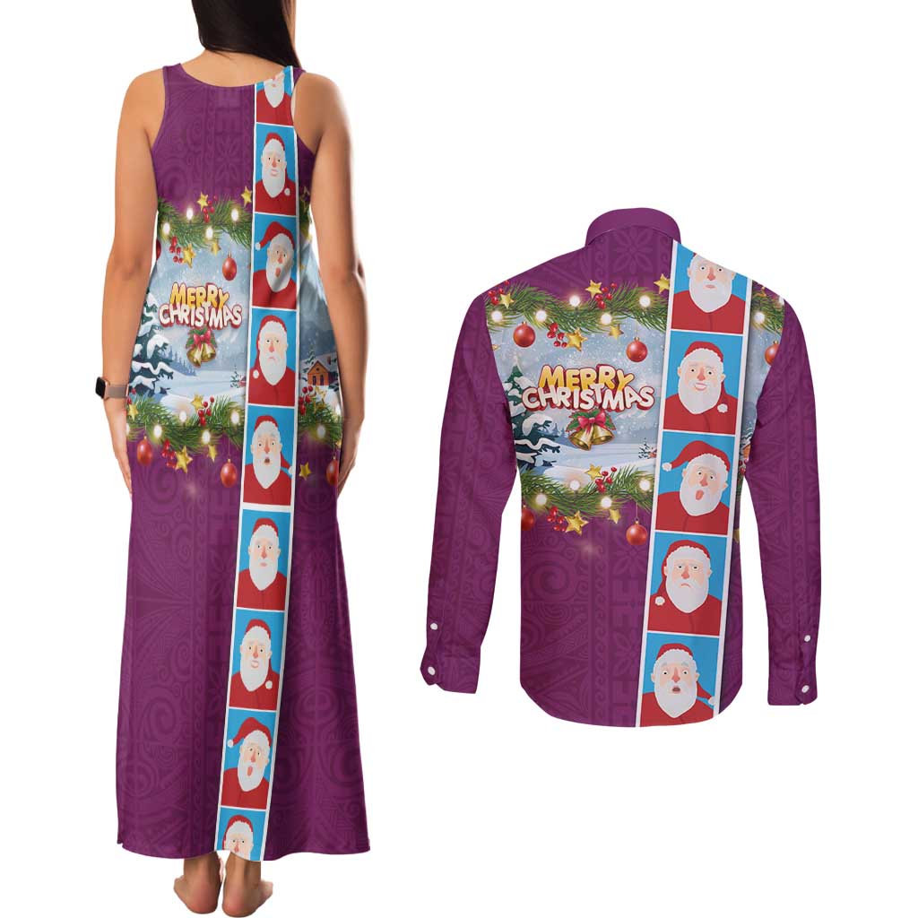 Merry Christmas Couples Matching Tank Maxi Dress and Long Sleeve Button Shirt Funny Santa Claus Cards Photo and Polynesian Pattern Pink Color