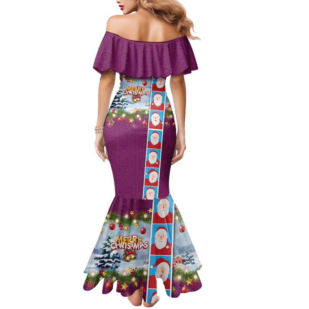 Merry Christmas Family Matching Mermaid Dress and Hawaiian Shirt Funny Santa Claus Cards Photo and Polynesian Pattern Pink Color