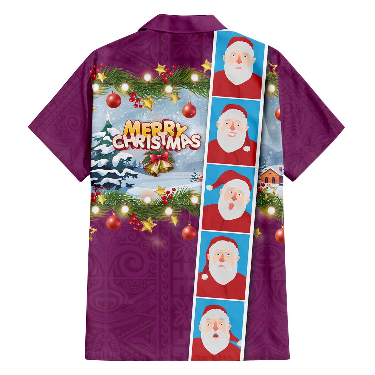 Merry Christmas Family Matching Off The Shoulder Long Sleeve Dress and Hawaiian Shirt Funny Santa Claus Cards Photo and Polynesian Pattern Pink Color