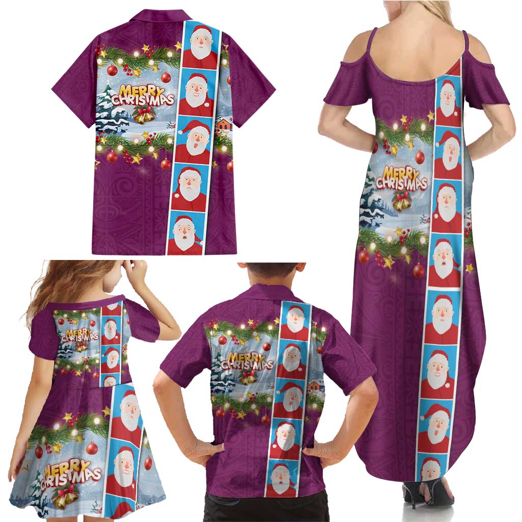 Merry Christmas Family Matching Summer Maxi Dress and Hawaiian Shirt Funny Santa Claus Cards Photo and Polynesian Pattern Pink Color