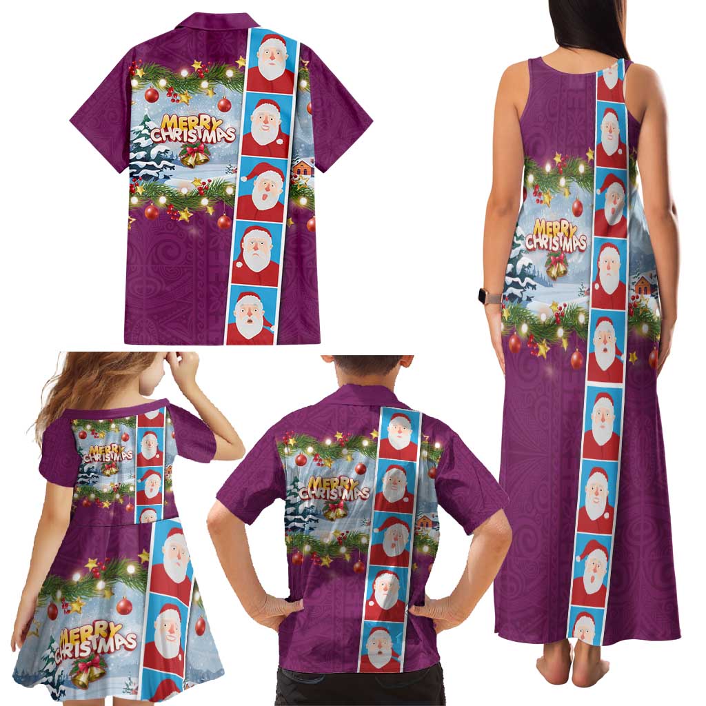 Merry Christmas Family Matching Tank Maxi Dress and Hawaiian Shirt Funny Santa Claus Cards Photo and Polynesian Pattern Pink Color