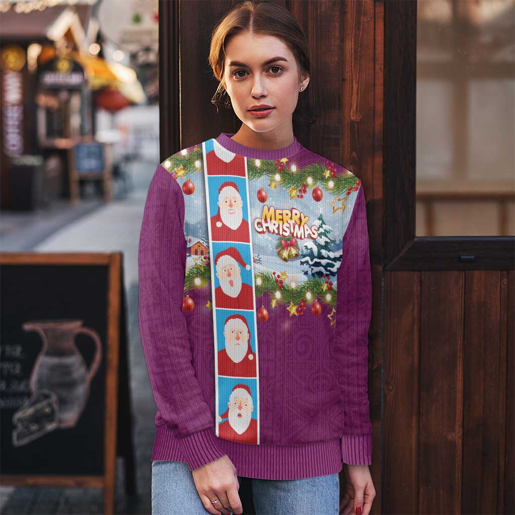 Merry Christmas Ugly Christmas Sweater Funny Santa Claus Cards Photo and Polynesian Pattern Pink Color